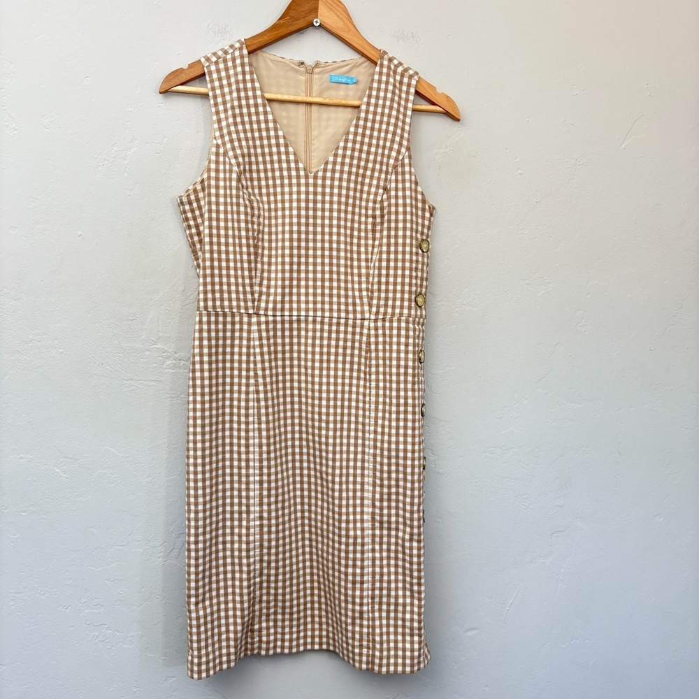 J McLaughlin Gingham Dress Women Size 4 Tan White Sleeveless Side Buttons